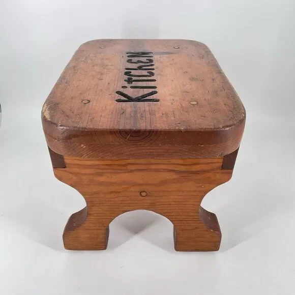 Vintage Solid Wood Stool “Kitchen” Rustic Farmhouse Primitive Decor - Picture 4 of 10